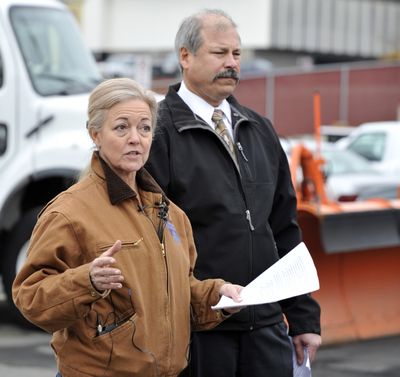 At a press conference Monday, Mayor Mary Verner and Mark Serbousek, the city’s street director, talk about the city’s snow removal plan.  (Colin Mulvany)