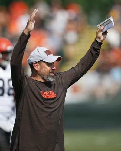 Cleveland Browns offensive coordinator Todd Haley reacts to a play during NFL football training camp Tuesday, Aug. 14, 2018, in Berea, Ohio. (Ron Schwane / Associated Press)