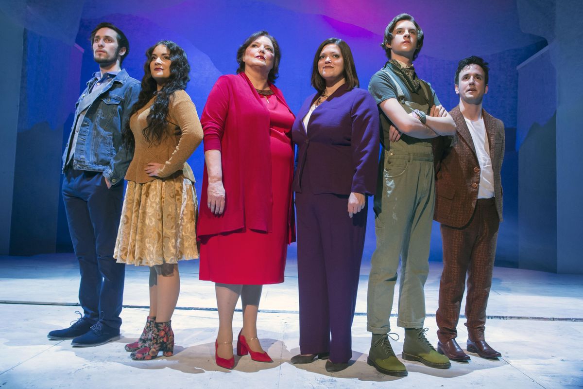 The ensemble cast from the Spokane Civic Theatre production of “Songs for a New World,” left to right: Jonah Taylor, Marlee Andrews, Melody Deatherage, Christina Coty, Jameson Elton and Jace Fogleman. (Colin Mulvany / The Spokesman-Review)