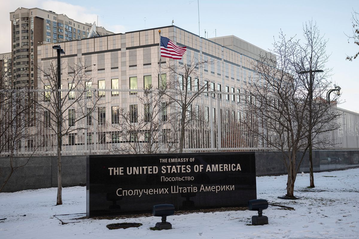 A view of the U.S. Embassy in Kyiv, Ukraine, Saturday, Feb. 12, 2022. U.S. officials told The Associated Press that the State Department plans to announce Saturday that virtually all American staff at the Kyiv embassy will be required to leave. The State Department would not comment. The department had earlier ordered families of U.S. embassy staffers in Kyiv to leave. But it had left it to the discretion of nonessential personnel if they wanted to depart. (Andrew Kravchenko)