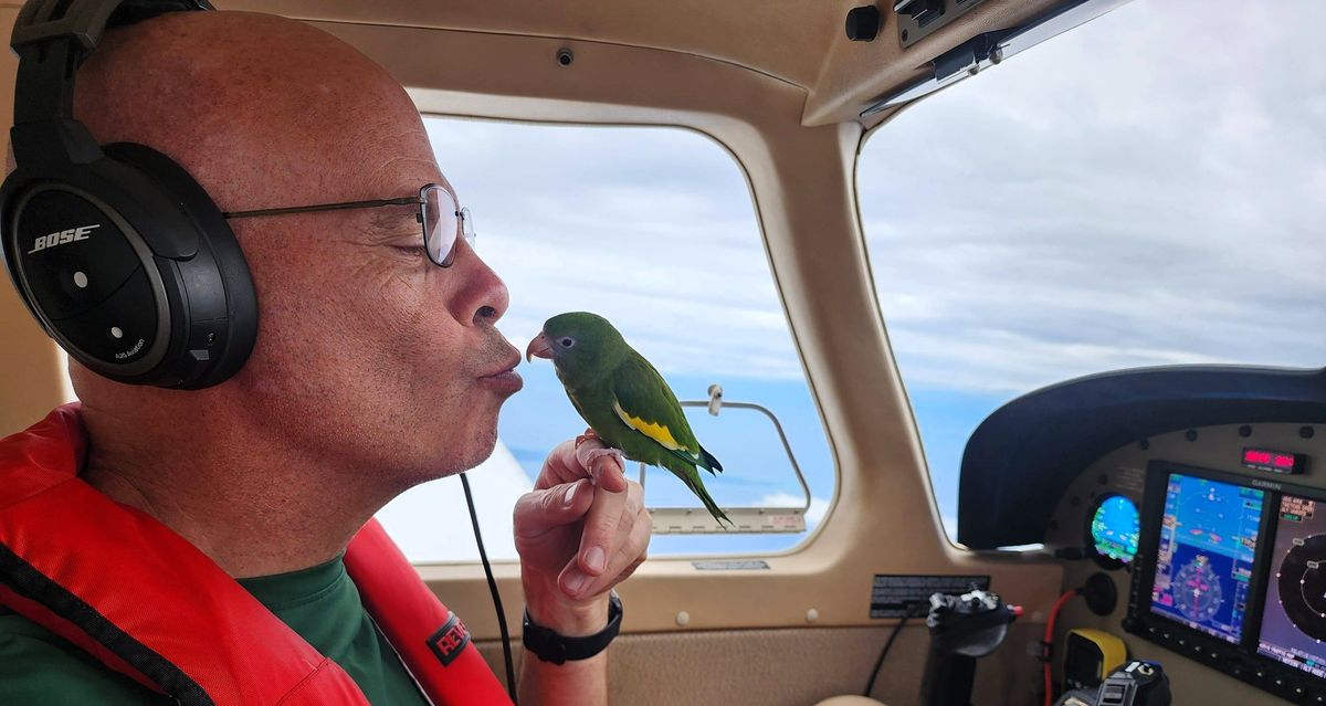 Steven Lawyer flying alongside his parrot, Bebe. 