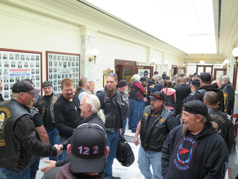 Happy backers of HB 123, the anti-motorcycle profiling bill, fill a Capitol hallway after the bill cleared the Idaho Senate Judiciary Committee on Wednesday, March 8, 2017. (Betsy Z. Russell)