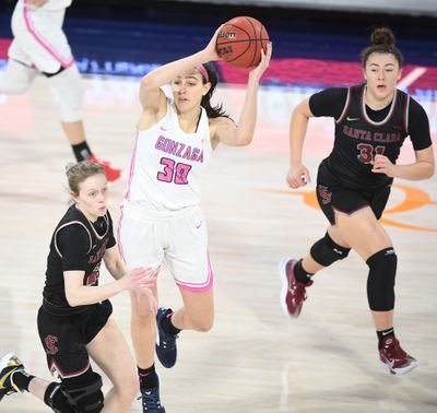 Gonzaga Bulldogs guard Abby O’Connor (30) moves the ball against the Santa Clara Broncos during the first half of a college basketball game on Saturday, February 13, 2021, at McCarthey Athletic Center in Spokane, Wash. (Tyler Tjomsland/THE SPOKESMAN-RE)