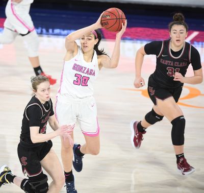 Gonzaga Bulldogs guard Abby O’Connor (30) moves the ball against the Santa Clara Broncos during the first half of a college basketball game on Saturday, February 13, 2021, at McCarthey Athletic Center in Spokane, Wash.  (Tyler Tjomsland/THE SPOKESMAN-RE)