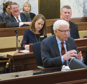 Bob Kustra, Boise State University president, makes his final budget presentation to state lawmakers on Tuesday, Jan. 23, 2018; he's retiring after this year. (Betsy Z. Russell)