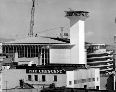 Soaring architectural style of nine-story Parkade with its sweeping columns, flaring cornices, spiral ramp and lofty elevator tower catches and holds the eye, even from afar. This picture was taken from the roof of the Chronicle Building. 1967 photo.  (Photo Archive/The Spokesman-Review. )