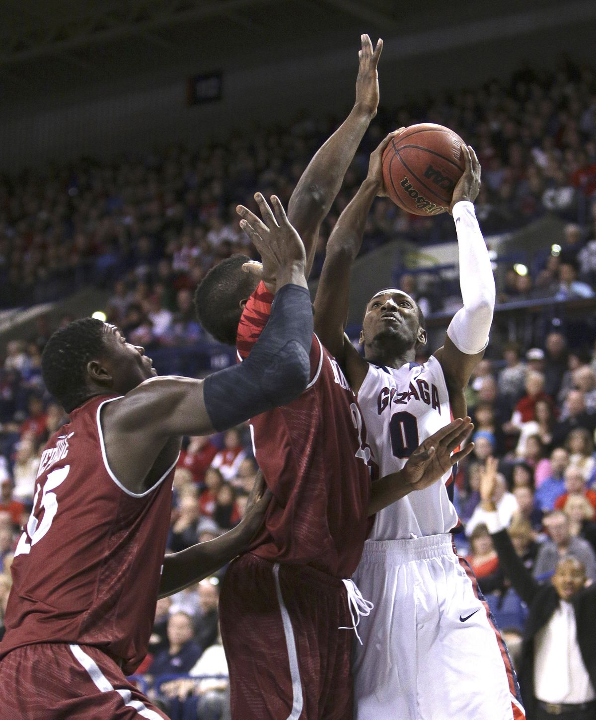 GU’s Gerard Coleman goes up for two of his 21 points. (Associated Press)