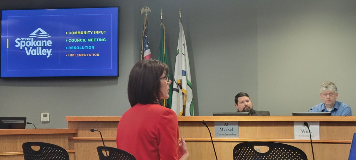 Communications Manager Jill Smith presents the design for the suggested new logo for the city of Spokane Valley at a city council meeting on Tuesday.  (Nick Gibson / The Spokesman-Review)