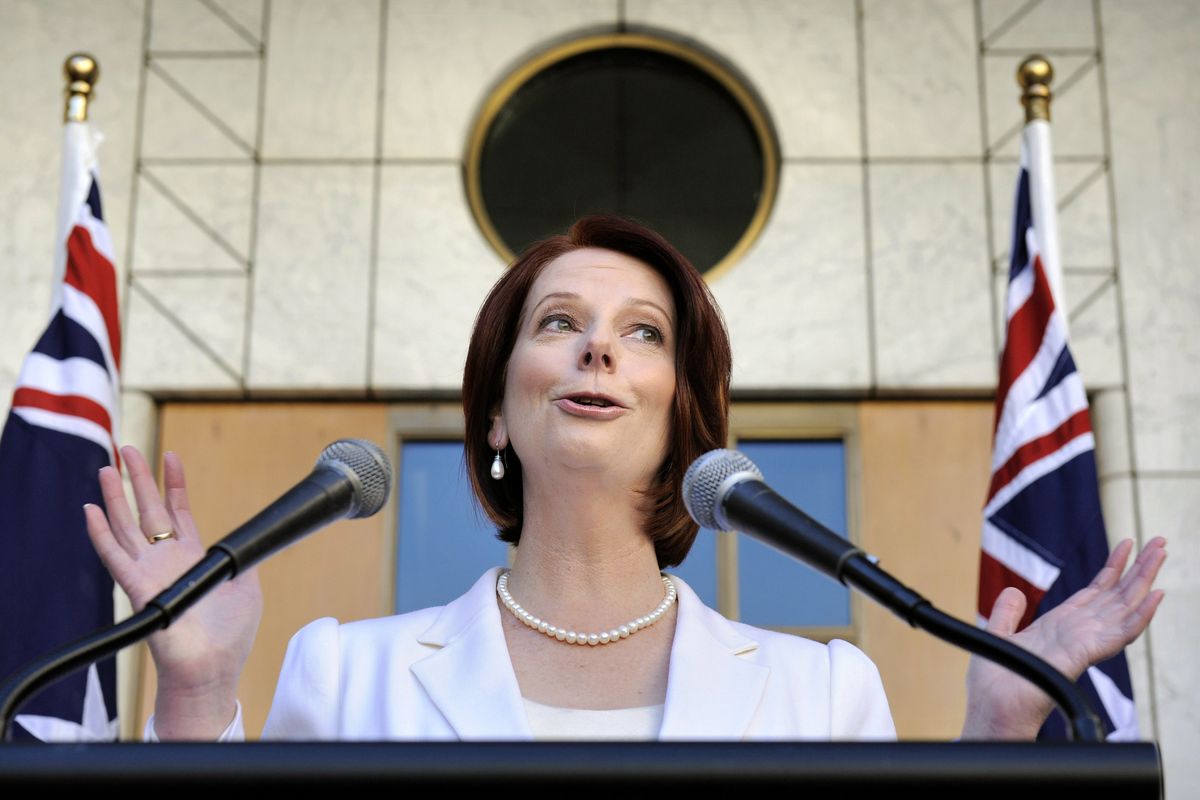 Australia’s Prime Minister Julia Gillard speaks at Parliament House in Canberra, Australia, Saturday. Gillard called a general election for Aug. 21.  (Associated Press)