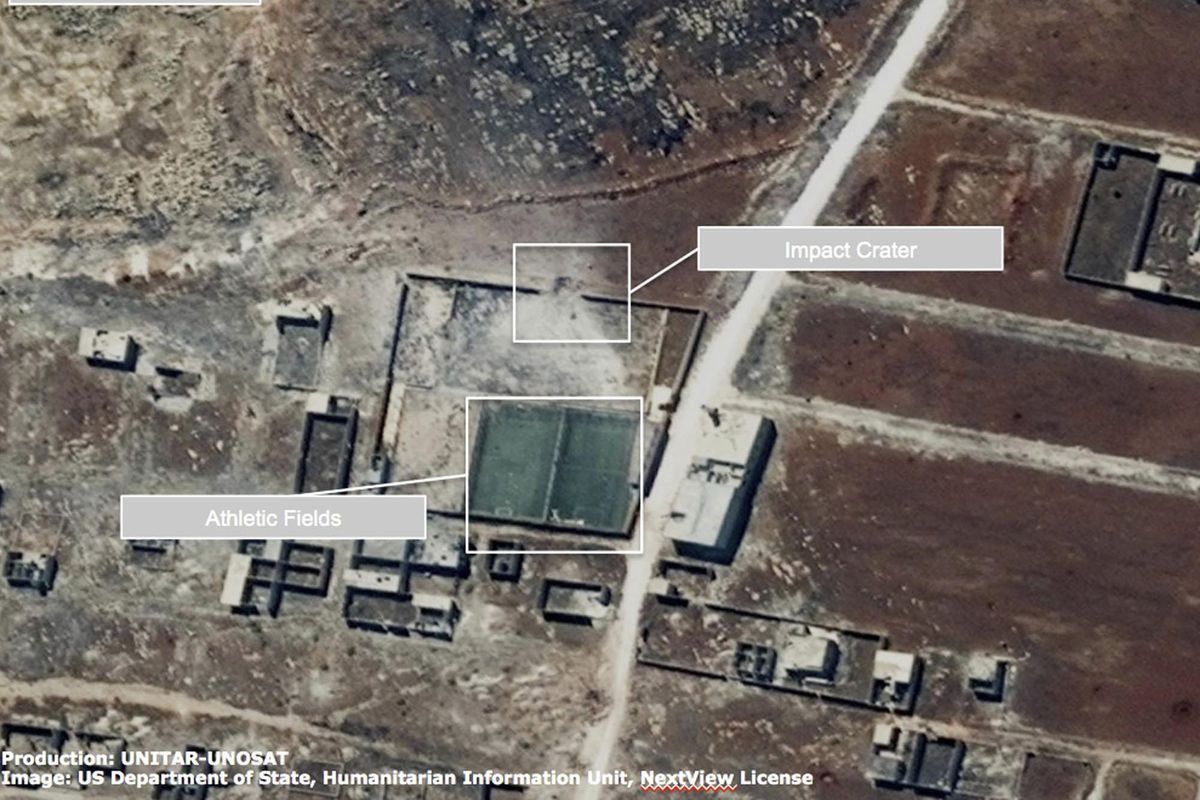 This satellite image released by the United Nations, shows a damaged school or athletic facility in the Owaija district of Aleppo, Syria, Oct. 1, 2016. One official with the U.N.’s satellite imagery program says new pictures from rebel-held parts areas of the city show “an awful lot of new damage” – presumably by airstrikes. (Uncredited / Associated Press)