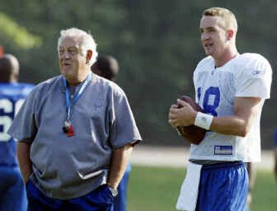 
Offensive coordinator Tom Moore, left, chats with star pupil/quarterback Peyton Manning during an Indianapolis Colts practice. 
 (Associated Press / The Spokesman-Review)