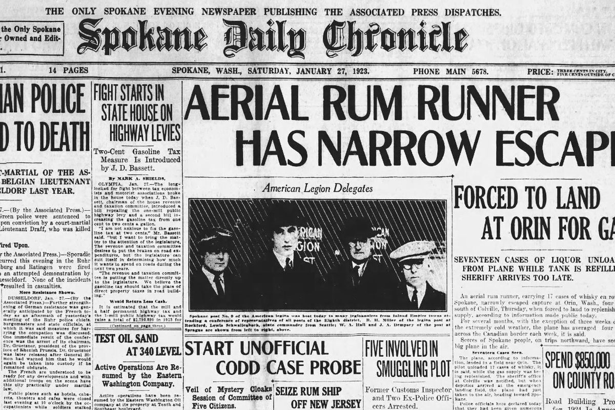 A rum-runner in a plane believed to be carrying 17 cases of whisky ran out of gas 4 miles south of Colville was forced to make an emergency landing in a field, the Spokane Daily Chronicle reported on Jan. 27, 1923. The newspaper also reported that a five-member investigating committee was formed to look into the Maurice Codd subornation of perjury trial.  (Spokesman-Review archives)