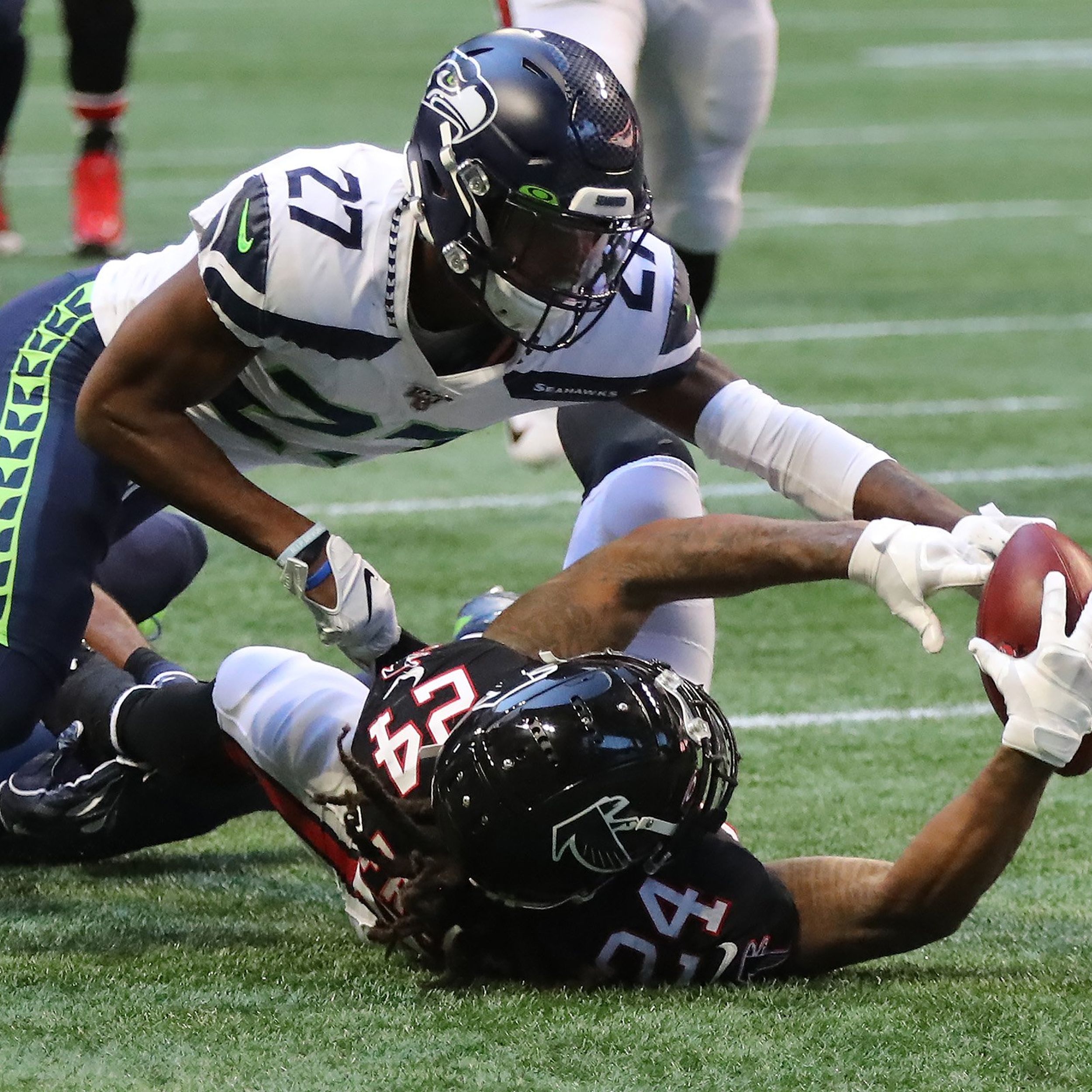 Seattle Seahawks safety Marquise Blair (27) during an NFL football game  against the Denver Broncos, Monday, Sept. 12, 2022, in Seattle, WA. The  Seahawks defeated the Bears 17-16. (AP Photo/Ben VanHouten Stock Photo -  Alamy