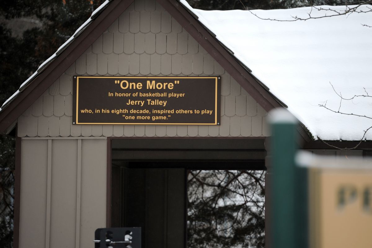 The plaque honoring avid basketball player Jerry Talley is on the side of the shelter at the basketball court at Main Avenue and Maple Street in Peaceful Valley. (Jesse Tinsley)