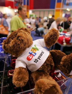 An eBay teddy bear sporting a 10th anniversary shirt is seen for sale during eBay Live! Last week in San Jose, Calif. EBay Inc. ranks among the world's most powerful e-commerce companies, with roughly 150 million registered users and more than 1.4 billion items listed last year. 
 (Associated Press / The Spokesman-Review)