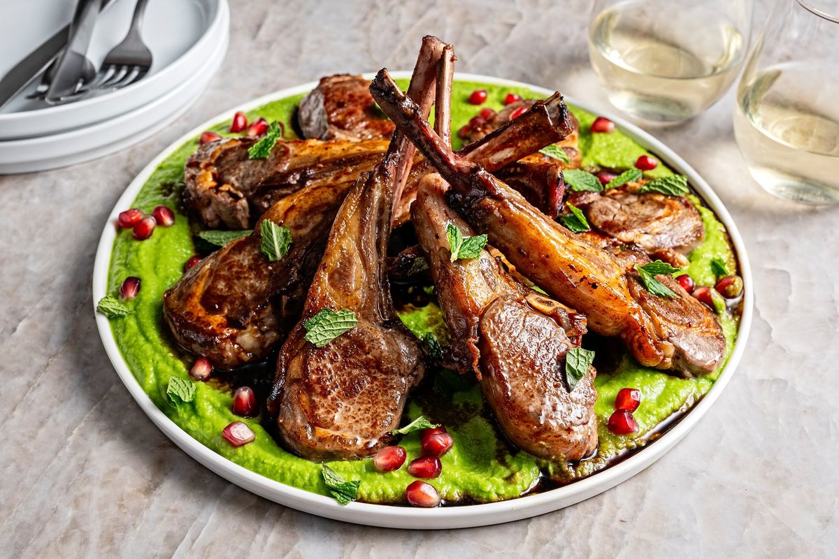 Lamb Chops With Minty Pea Puree and Pomegranate  (Scott Suchman/For The Washington Post)
