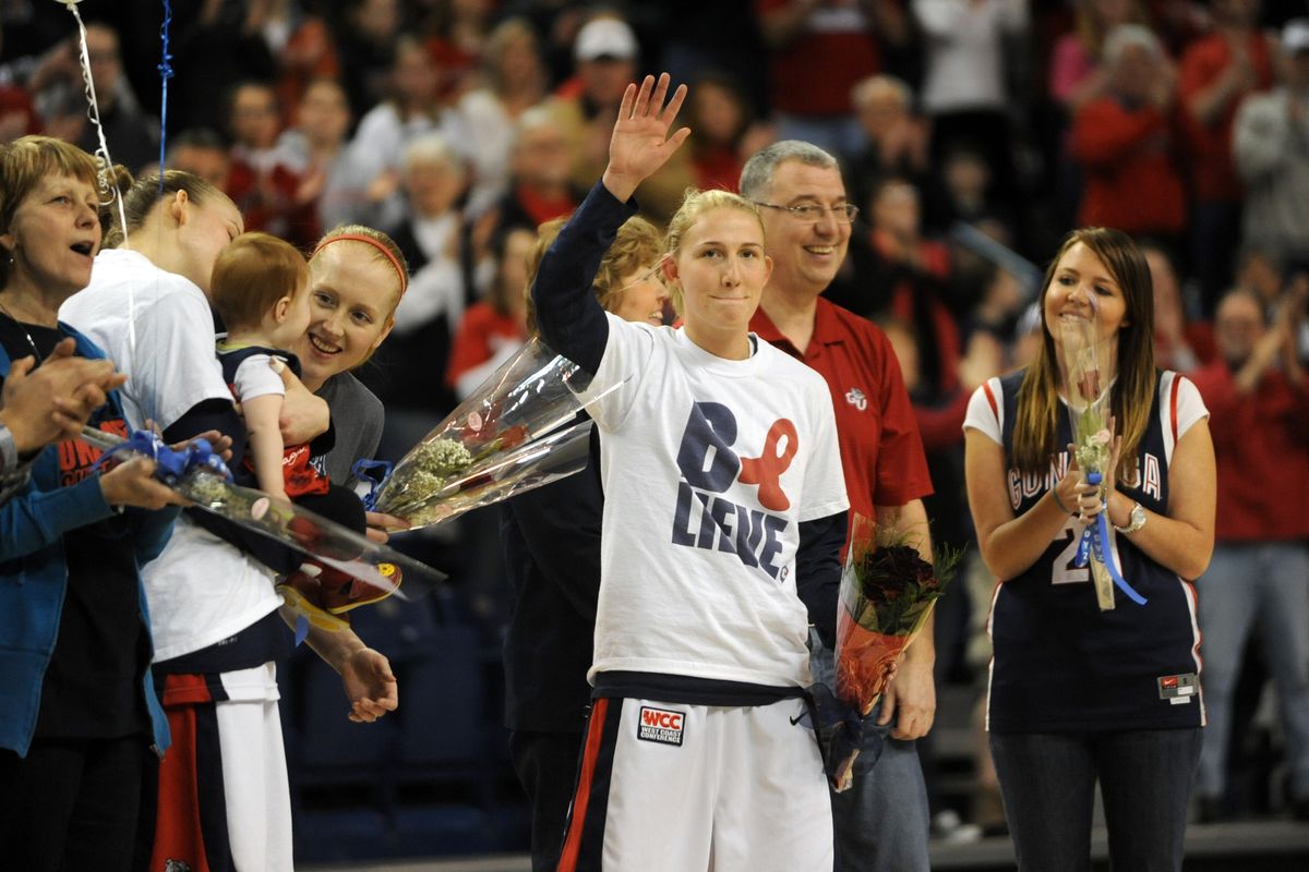 Courtney Vandersloot, a Bulldog record holder in several categories, acknowledges the cheers of the crowd after being introduced on senior night on Saturday, Feb. 25, 2011, at Gonzaga University prior to the game against the San Diego Toreros. (Jesse Tinsley / The Spokesman-Review)