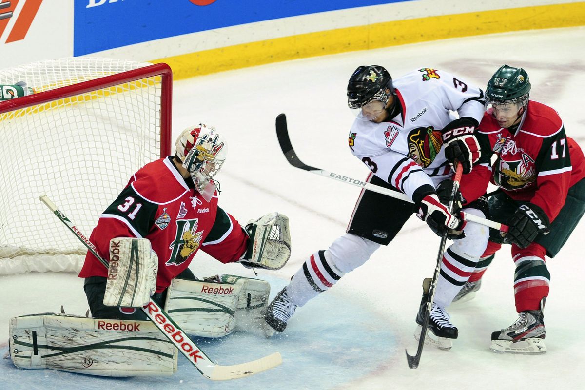 Seth Jones, center, played last season for the Portland Winterhawks. The team reached the Memorial Cup final, losing to the Halifax Mooseheads. (Associated Press)