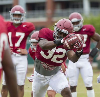 Alabama linebacker Rashaan Evans (32) works through drills during spring football practice at the Thomas-Drew Practice Fields in Tuscaloosa, Ala. Evans has had some of his biggest moments in Alabama’s most important games. (Vasha Hunt / Associated Press)