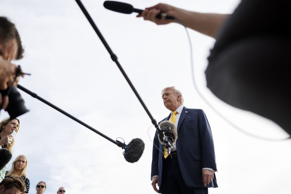 President Donald Trump speaks to reporters at Palm Beach International Airport in West Palm Beach, Florida on Saturday, May 2, 2026. About the debt surpassing growth, a White House spokesman claimed the government