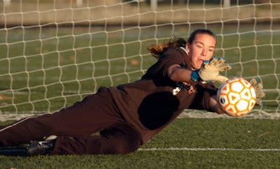 
Karina Carpenter of the West Valley Eagles works out in the goalie box during practice Tuesday at Gonzaga Prep's field.
 (Jesse Tinsley / The Spokesman-Review)