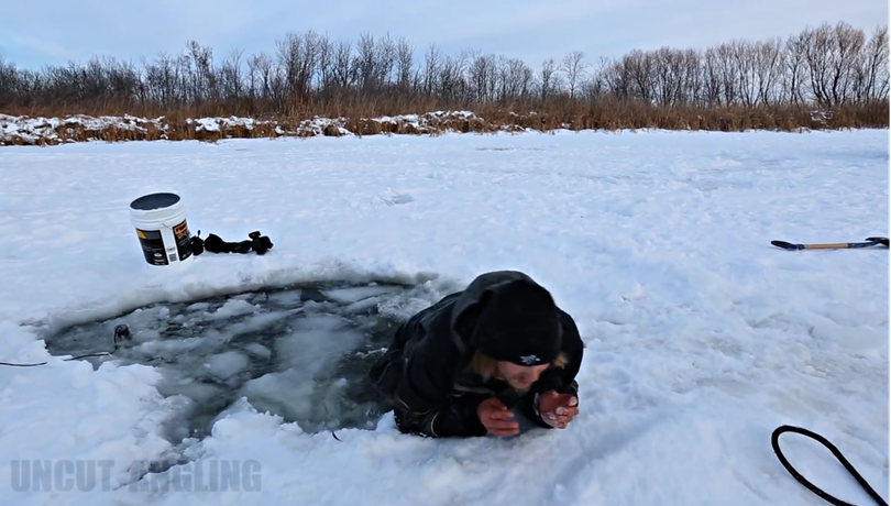 Should you break through thin ice into a lake, kick your feet up to the surface to pull and slide on your belly to thicker ice.