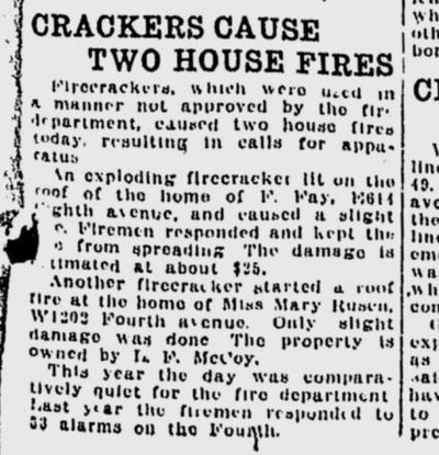 Just two house fires, both caused by firecrackers exploding on roofs in town, had been reported as of mid-afternoon on this Fourth of July, 100 years ago.  (S-R archives)