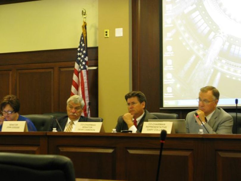 From left, Sens. Patti Anne Lodge, John Goedde, and Dean Cameron, and Rep. Gary Collins hear from state Insurance Director Bill Deal at the Legislature's Health Care Task Force meeting on Monday. (Betsy Russell)