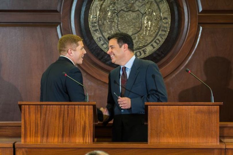 Democratic challenger Jimmy Farris, left, and GOP Congressman Raul Labrador, right, shake hands after a lively debate on live statewide TV on Thursday night. (Idaho Public Television / Kevin Rank)