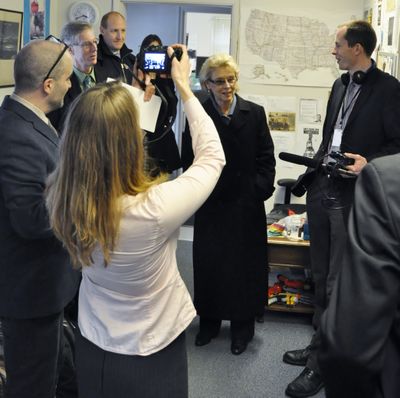 OLYMPIA -- Gov. Chris Gregoire holds an impromptu press conference Wednesday as she visits one of the Capitol press houses to say goodbye to reporters. (Jim Camden)