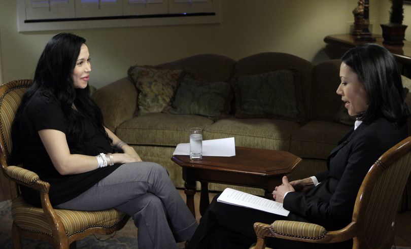 ORG XMIT: LA104 ** ADDS DATE ** This image provided by NBC shows Nadya Suleman, left, speaking with Ann Curry in New York on Thursday, Feb. 5, 2009, in Suleman's first interview since giving birth to octuplets last week. The interview is planned to be broadcast on the 