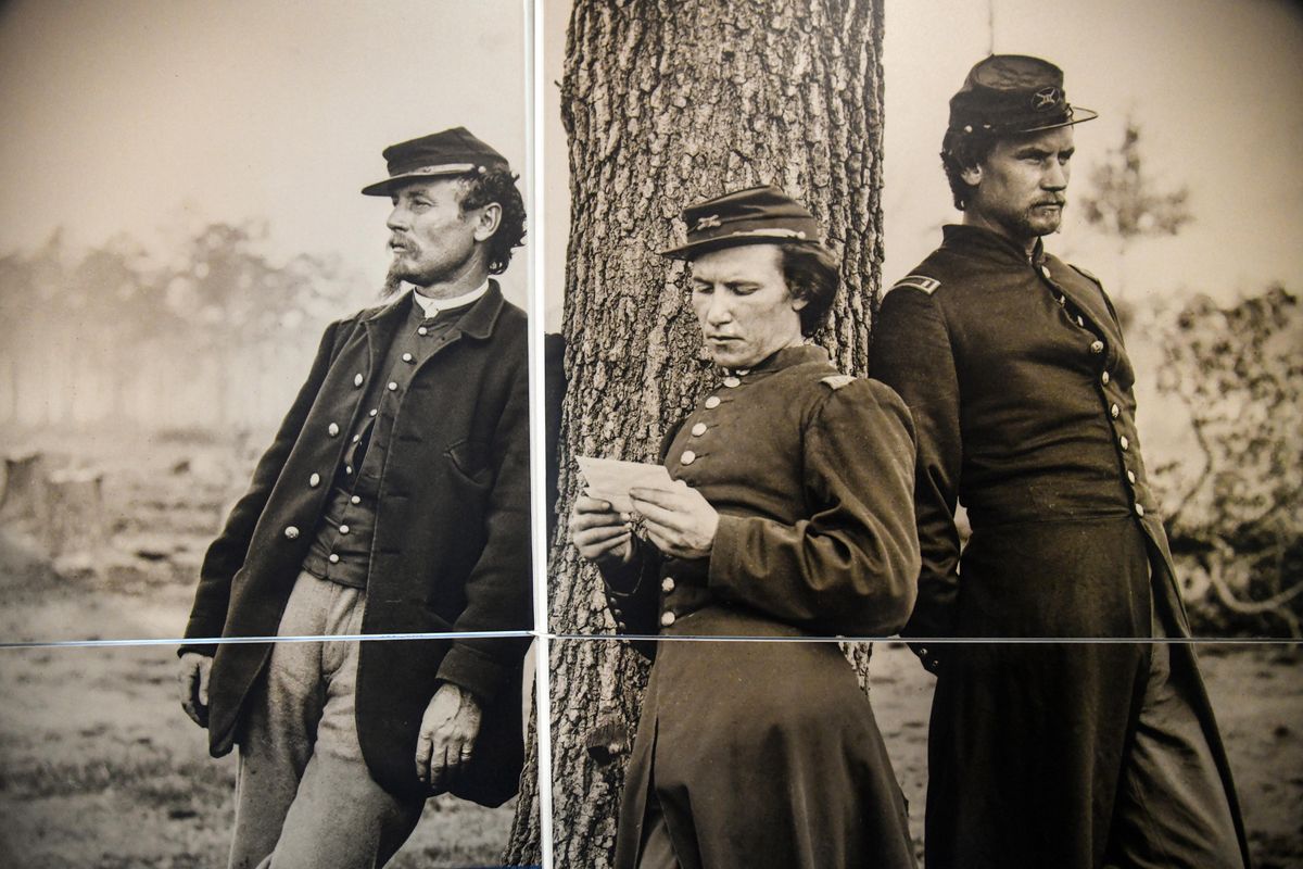 The Smithsonian exhibit “Mail Call,” at the Spokane Valley Heritage Museum, includes a photograph of Civil War-era Union officers from the 1st Connecticut Heavy Artillery reading mail in 1864. (Library of Congress / Library of Congress)