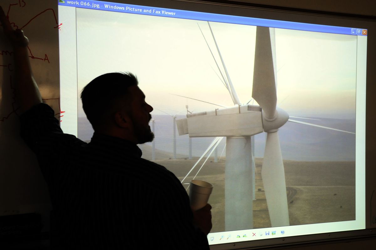 Walla Walla Community College Wind Technology instructor James Bradshaw shares experiences working on wind turbines with his students on Nov. 14. (Dan Pelle)