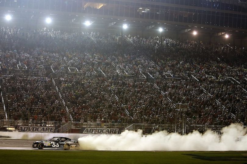 Kevin Harvick, driver of the #33 Bad Boy Buggies Chevrolet, celebrates with a burnout after winning the NASCAR Nationwide Series Great Clips/Grit Chips 300 at Atlanta Motor Speedway on August 31, 2013 in Hampton, Georgia. (Photo Credit: Jerry Markland/Getty Images) (Jerry Markland / Getty Images North America)