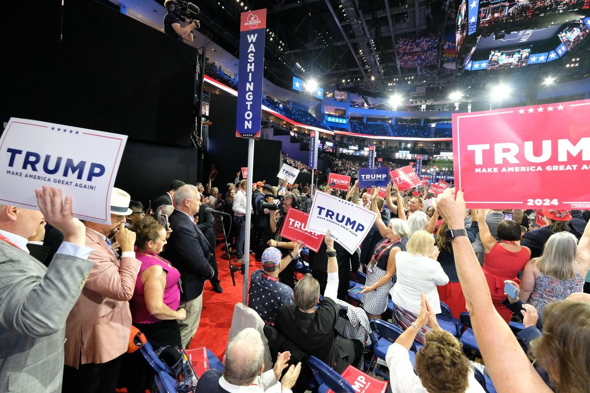 Delegates from Washington cheer as Jim Walsh, chairman of the Washington State Republican Party, announces the state’s votes to nominate Donald Trump at the Republican National Convention in Milwaukee on Monday.  (Orion Donovan Smith/The Spokesman-Review)