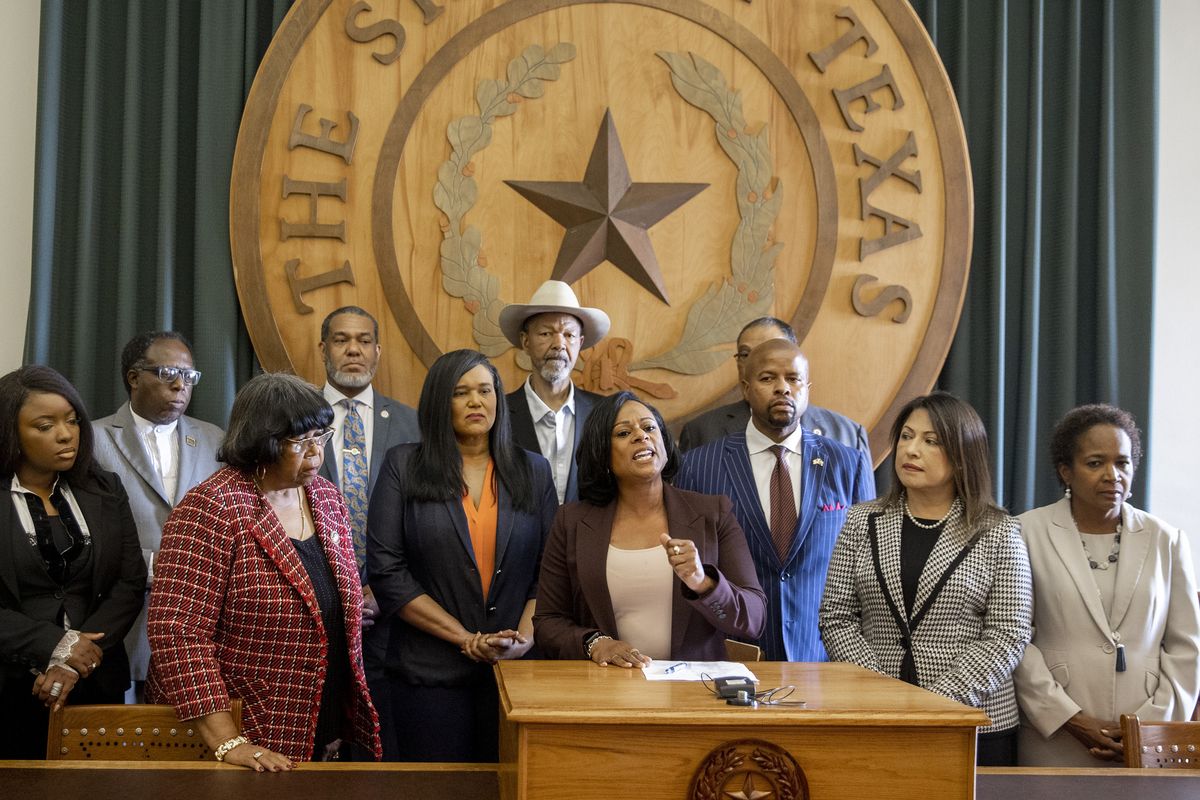 State Rep. Nicole Collier, D-Fort Worth, the chair of the Legislative Black Caucus, speaks at a news conference at the Capitol on Sunday against Texas Senate Bill 7, the Election Integrity Protection Act.  (Jay Janner)