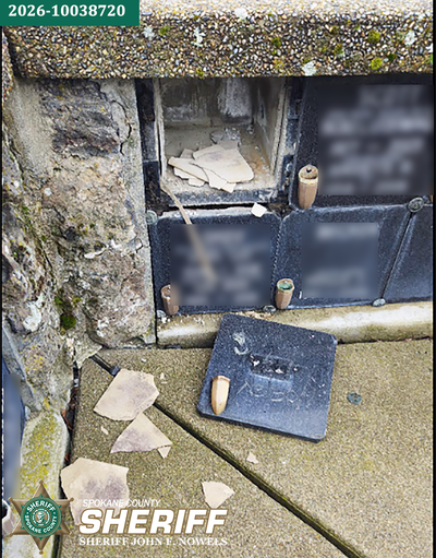 A thief broke into a wall niche and stole an urn at a Fairmont Memorial Association cemetery. The incident was reported March 24.  (Spokane County Sheriff)