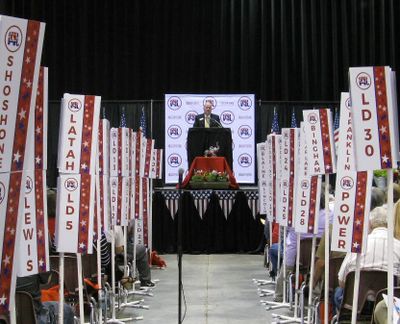 Idaho GOP Chairman Steve Yates addresses the state party convention on Friday (Betsy Z. Russell)