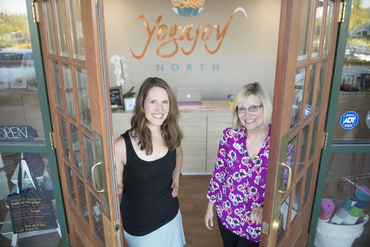 Sara Douville, left, and her mother, Cher Desautel, right, have opened a yoga studio, Yogajoy, in the Wandermere area, shown Wednesday, July 5, 2017.  They offer yoga and barre classes.  Jesse Tinsley/THE SPOKESMAN-REVIEW (Jesse Tinsley / The Spokesman-Review)