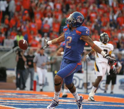 Boise State's Austin Pettis (2) celebrates after scoring a touchdown against Toledo during the first half. (Associated Press)