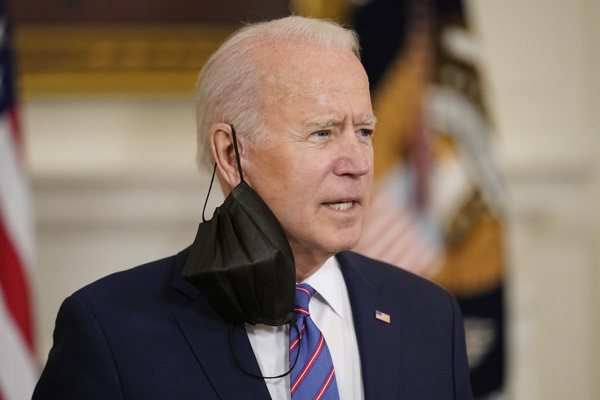 President Joe Biden responds to a question after speaking about the March jobs report in the State Dining Room of the White House, Friday, April 2, 2021, in Washington. (Andrew Harnik)