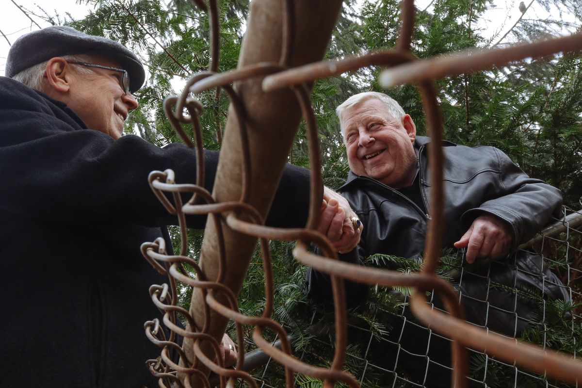Roger Watson, left, and neighbor David Brown visit over the fence in their backyards on Dec. 10 in Berkley, Mich. The men have been backyard neighbors for 18 years but neither realized until recently that they were good friends in the Vietnam War, from the same neighborhood and drafted the same day.