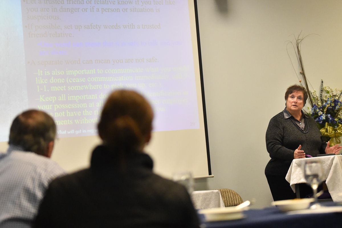 LeAnna Benn, director of Teen-Aid, speaks to parents and community members during a meeting promoting her organization’s new digital program, an abstinence- and risk-avoidance-based curriculum, on Tuesday. (Tyler Tjomsland / The Spokesman-Review)