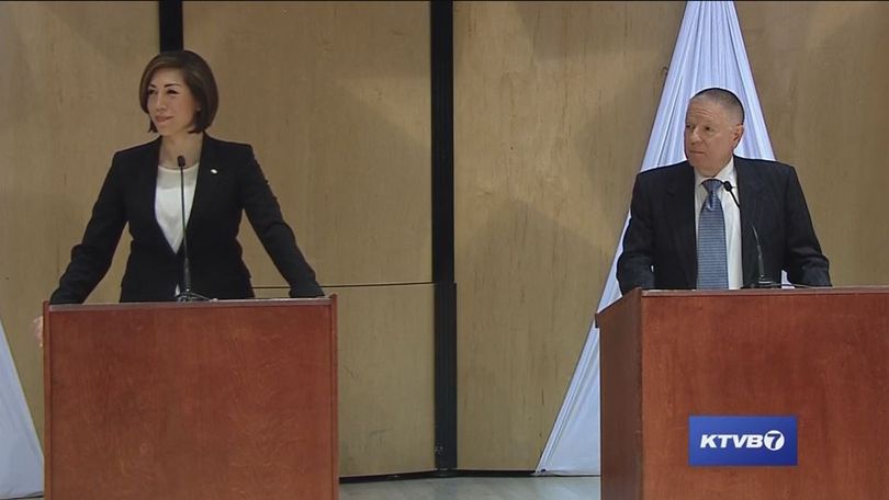 Paulette Jordan, left, and A.J. Balukoff, right, participate in a debate sponsored by KTVB-TV in Boise on Tuesday, May 1, 2018; the two are running for governor on the Democratic ticket. Idaho's primary election is May 15. (KTVB/screenshot)