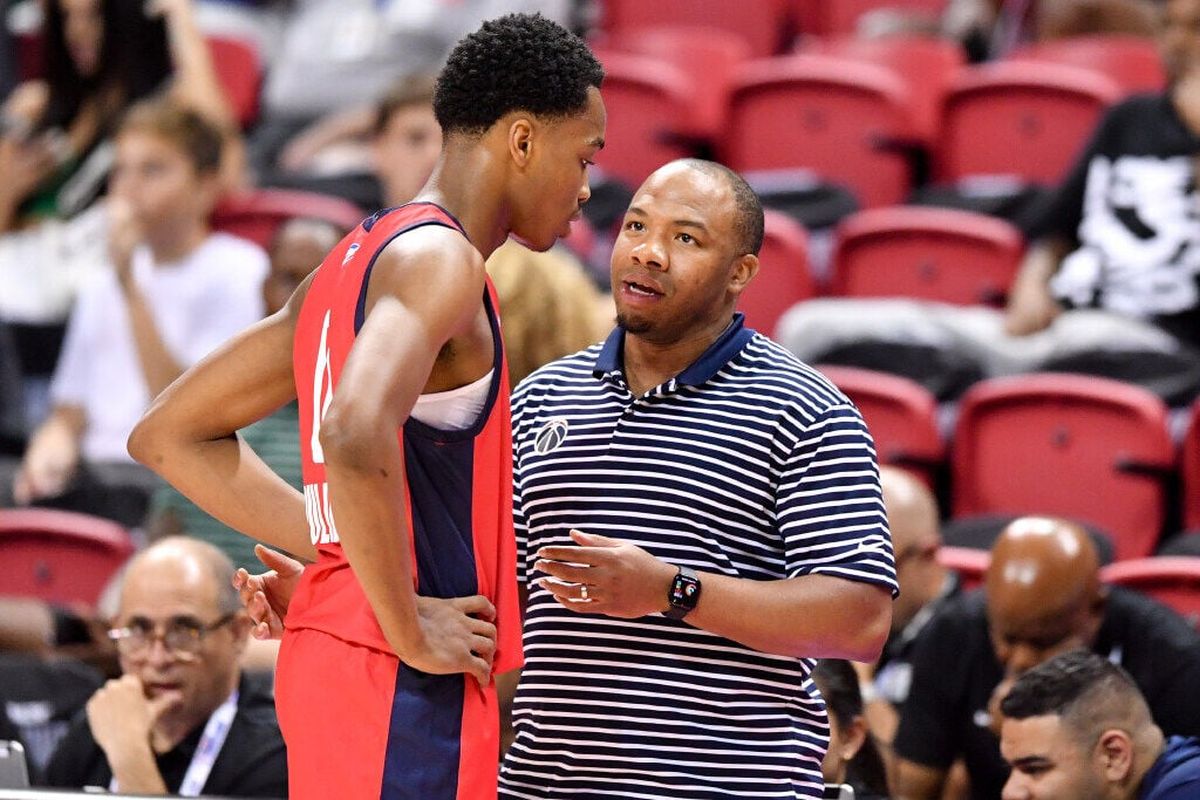 Washington Wizards’ coach Landon Tatum coaches Bilal Coulibaly during an NBA Summer League game against San Antonio on Tuesday at the Thomas & Mack Center in Las Vegas, Nev.  (Tyler Tjomsland / The Spokesman-Review)