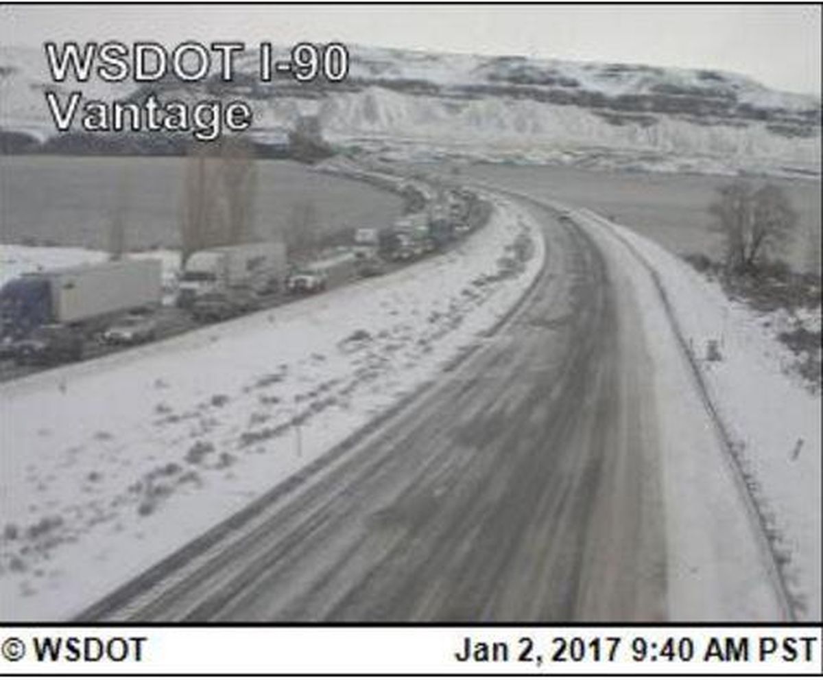 Traffic cameras show traffic backed up behind the closure of Interstate 90 near Vantage. (Washington state Department of Transportation)