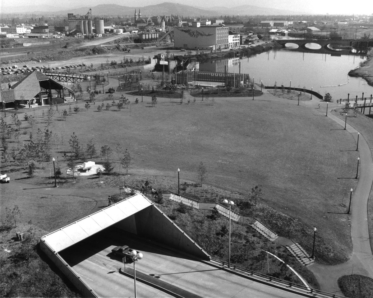 1977: Just three years after the world’s fair, Expo ’74, the exhibition pavilions have been removed and the grounds have been transformed into an urban oasis for walking, picnicking and recreation called Riverfront Park. Planning for the waterfront park’s use after Expo started well before the fair, with teams of architects and engineers designing an undulating landscape on Havermale Island.  (Jesse Tinsley / The Spokesman-Review)