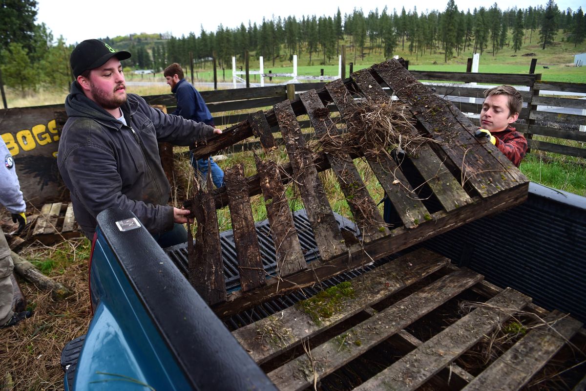 James Burton, left, and Brandon Adler, right, load castoff wood and other refuse in a truck during a clean-up Saturday, April 28, 2018, at the Spokane Humane Society on North Havana Street in Hillyard. The Humane Society invited volunteers to clear out and around the nonprofit’s red barn storage building to make it more usable for meetings and animal activities in the future. (Jesse Tinsley / The Spokesman-Review)