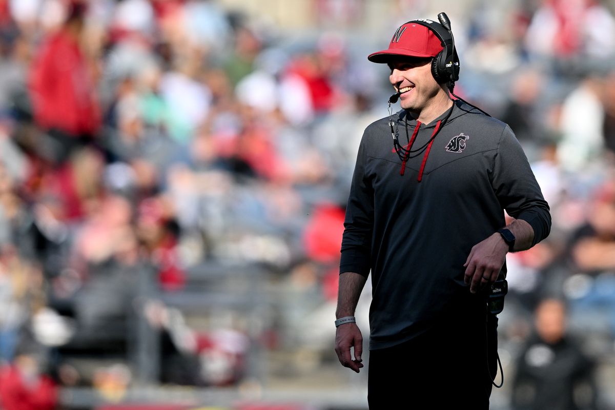 Washington State Cougars head coach Jake Dickert smiles during WSU’s Crimson and Gray spring football game on Saturday, April 22, 2023, at Gesa Field in Pullman, Wash.  (Tyler Tjomsland/The Spokesman-Review)