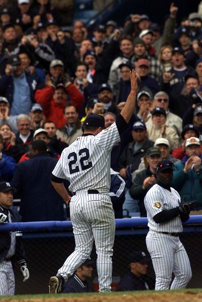 New York Yankees’ pitcher Roger Clemens (22) acknowledges the crowd after breaking Hall-of-Famer Walter Johnson’s strike out record to become the American League’s all time leader Monday, April 2, 2001, during the ninth inning against the Kansas City Royals in New York. (Beth A. Keiser / Associated Press)